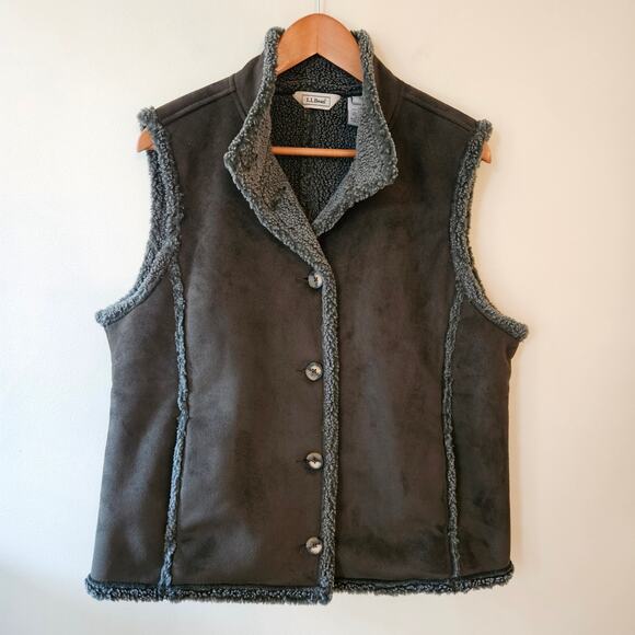 L.L. Bean Women's Shearling Vest, Size XL Olive Green Button Down Cabincore - Picture 1 of 8